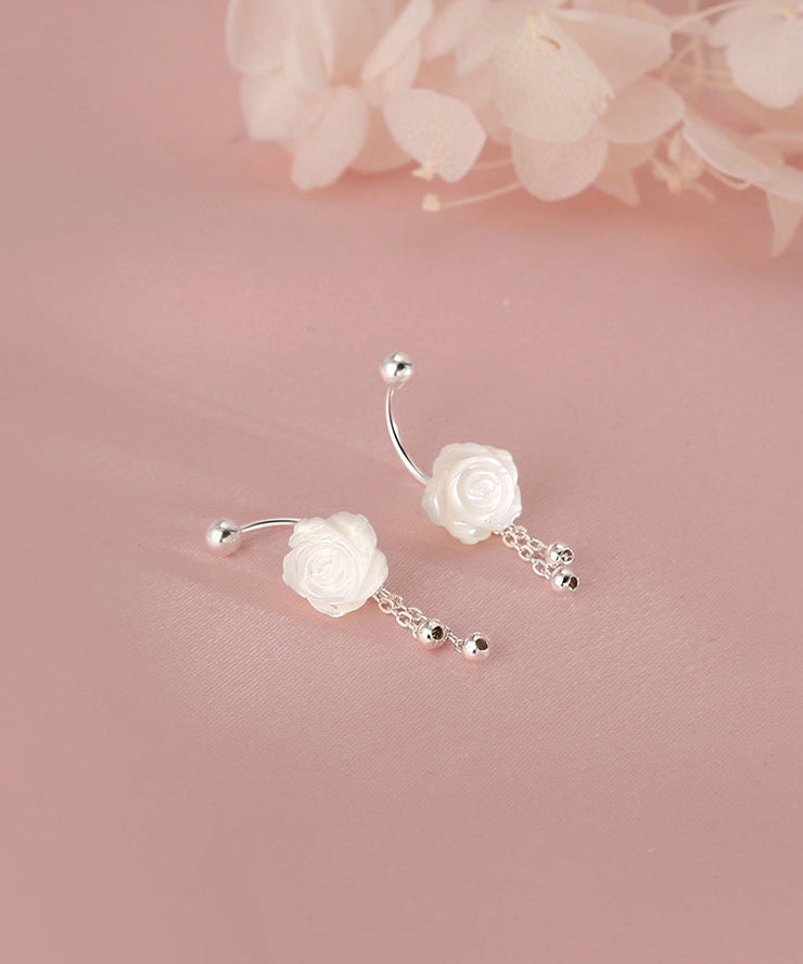 Simple White Sterling Silver Shell Floral Tassel Drop Earrings