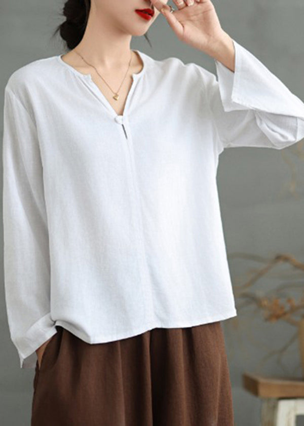 Simple White V Neck Loose Cotton T Shirts Top Fall