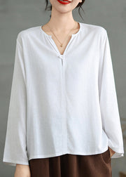 Simple White V Neck Loose Cotton T Shirts Top Fall