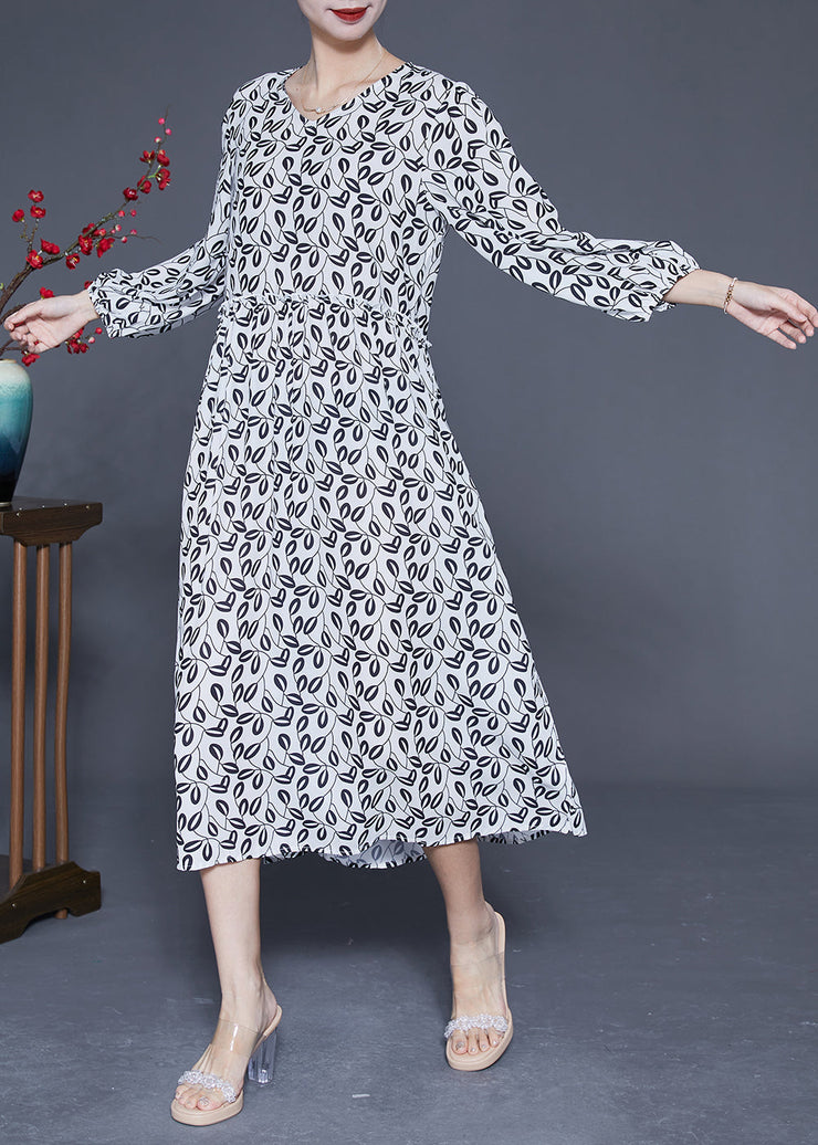 Simple White V Neck Oversized Print Chiffon Long Dresses Spring