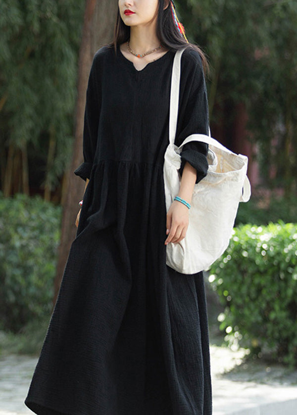 Simple White V Neck Pockets Patchwork Cotton Dress Long Sleeve