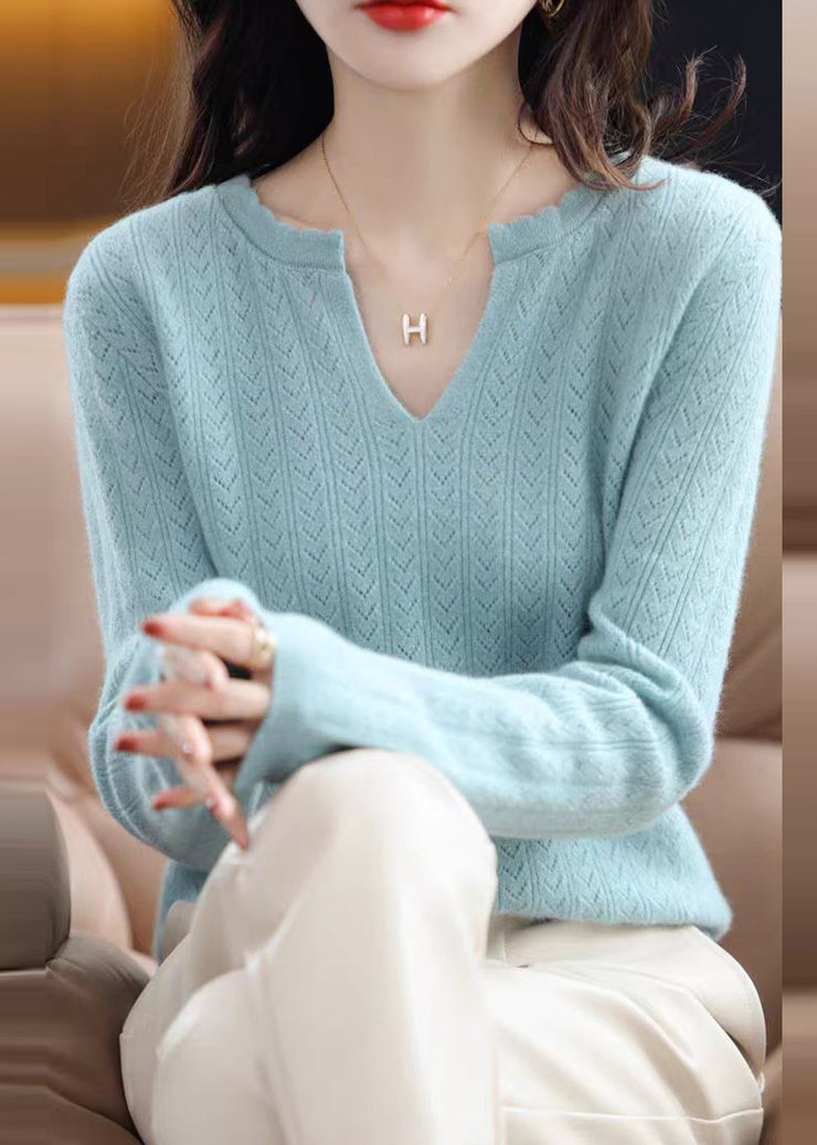 Simple White V Neck Ruffled Cotton Knit Sweaters Fall