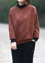 Simple Wine Red Turtleneck Patchwork Warm Fleece Sweatshirt Fall