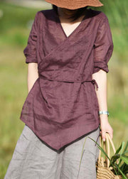 Simple Wine Red V Neck Lace Up Linen Shirts Bracelet Sleeve