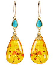 Simple Yellow 14K Gold Water Drop Amber Beeswax Drop Earrings