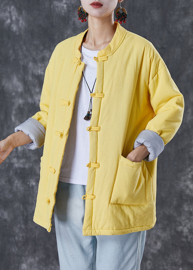 Simple Yellow Chinese Button Fine Cotton Filled Parkas Winter