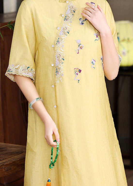 Simple Yellow Embroideried Patchwork Button Silk Dress Summer