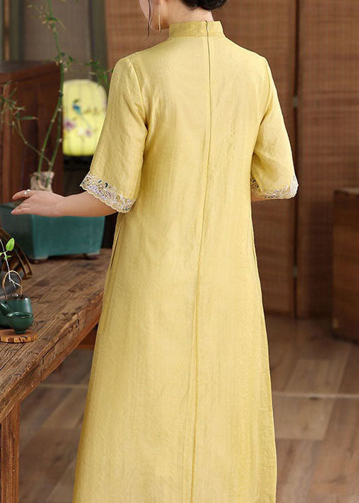 Simple Yellow Embroideried Patchwork Button Silk Dress Summer