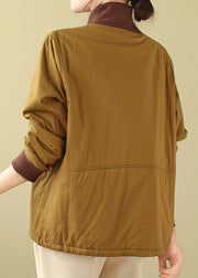 Simple Yellow Hign Neck Pockets Patchwork Fine Cotton Filled Top Winter