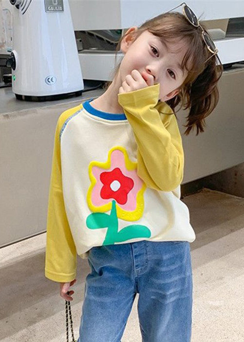 Simple Yellow O Neck Print Patchwork Cotton Girls Blouses Spring