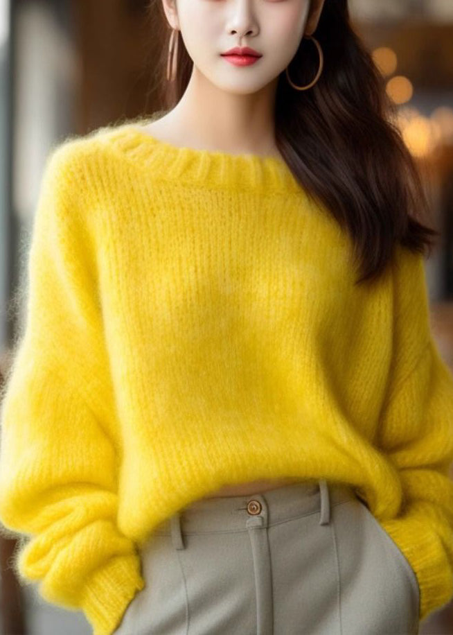 Simple Yellow O Neck Solid Cotton Knit Sweater Long Sleeve