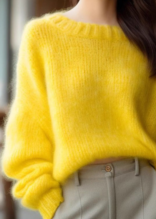 Simple Yellow O Neck Solid Cotton Knit Sweater Long Sleeve