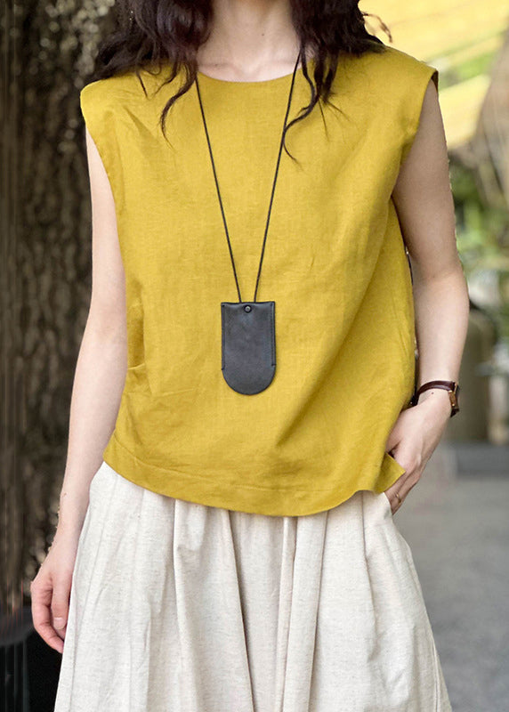 Simple Yellow O Neck Solid Linen Top Sleeveless