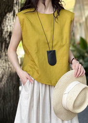 Simple Yellow O Neck Solid Linen Top Sleeveless