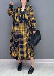 Simple Yellow Oversized Plaid Cotton Long Dresses Spring