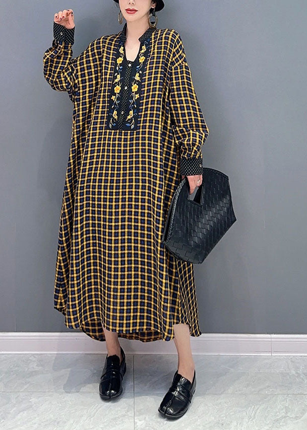 Simple Yellow Oversized Plaid Cotton Long Dresses Spring