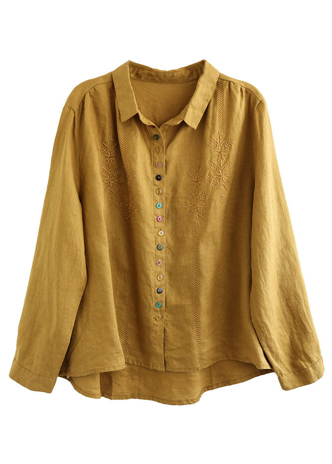 Simple Yellow Peter Pan Collar Embroideried Linen Shirt Spring