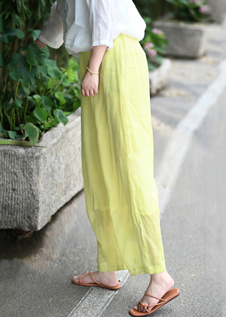 Simple Yellow Pockets Elastic Waist Cotton Crop Pants Spring