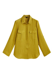 Simple Yellow Pockets Patchwork Button Top Long Sleeve