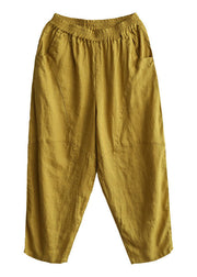 Simple Yellow Pockets Patchwork Linen Crop Pants Summer