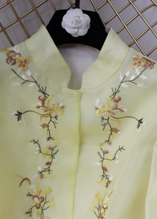 Simple Yellow Stand Collar Embroideried Floral Chiffon Coat Long Sleeve