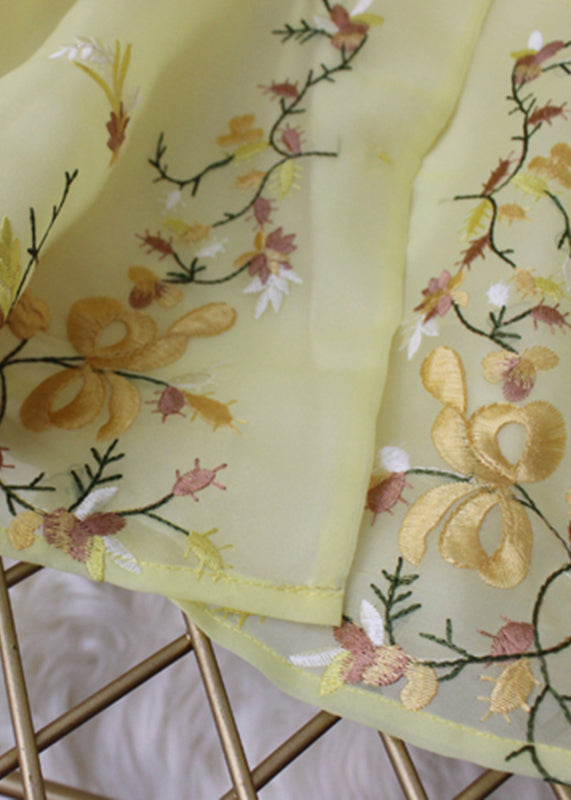 Simple Yellow Stand Collar Embroideried Floral Chiffon Coat Long Sleeve