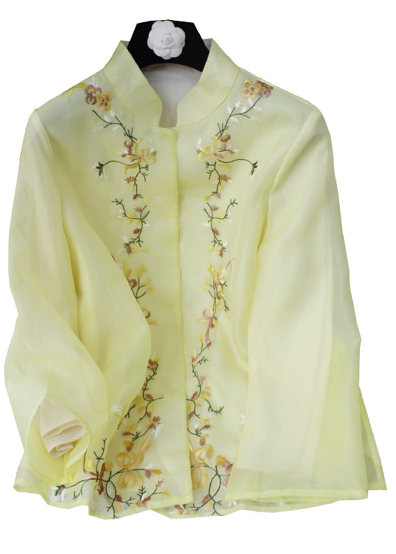 Simple Yellow Stand Collar Embroideried Floral Chiffon Coat Long Sleeve