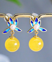 Simple Yellow Sterling Silver Pearl Amber Beeswax Drop Earrings