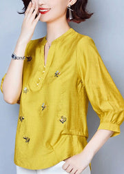 Simple Yellow V Neck Embroideried Patchwork Cotton Tops Summer