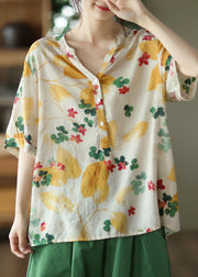 Simple Yellow V Neck Print Cotton Top Half Sleeve