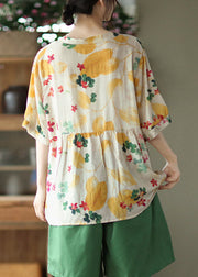 Simple Yellow V Neck Print Cotton Top Half Sleeve