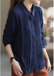 Simple Navy Stand Collar Wrinkled Lace Patchwork Button Cotton Tops Long Sleeve