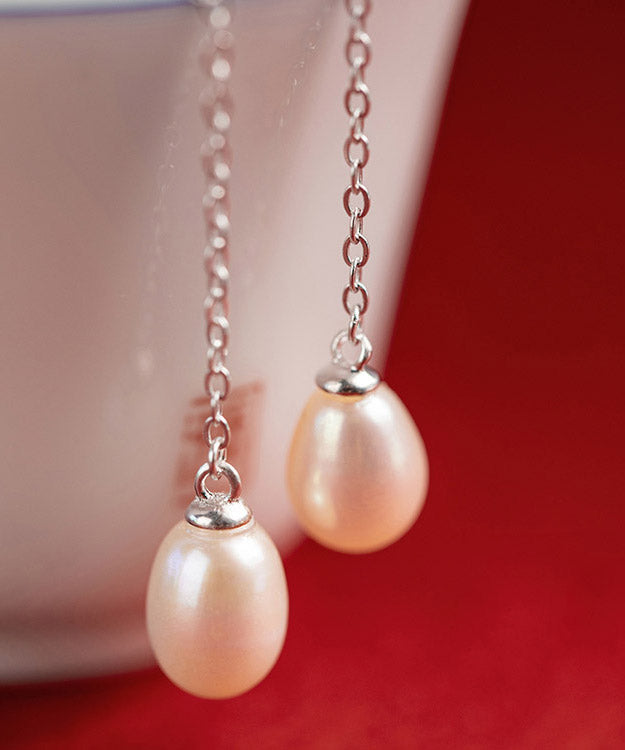 Skinny Beige Sterling Silver Pearl Lotus Drop Earrings