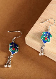 Skinny Blue Green Sterling Silver Cloisonne Gem Stone Tassel Drop Earrings