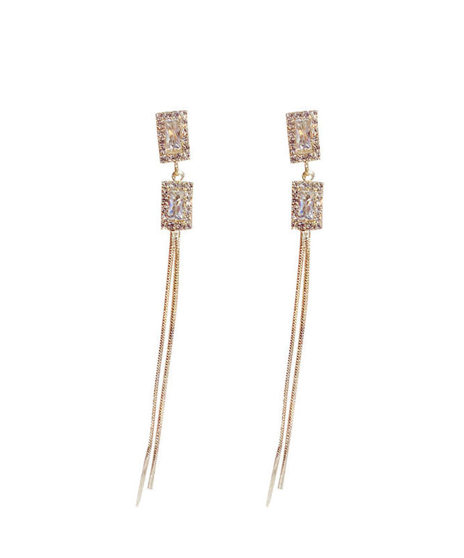 Skinny Gold Copper Alloy Inlaid Zircon Geometric Blocks Tassel Drop Earrings