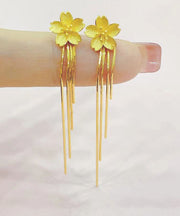 Skinny Gold Sterling Silver Overgild Floral Tassel Drop Earrings