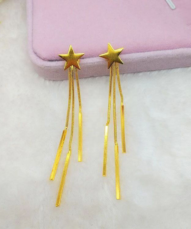 Skinny Gold Sterling Silver Overgild Star Tassel Drop Earrings