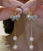 Skinny Gold Sterling Silver Overgild Zircon Pearl Bow Tassel Drop Earrings