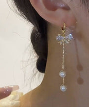 Skinny Gold Sterling Silver Overgild Zircon Pearl Bow Tassel Drop Earrings