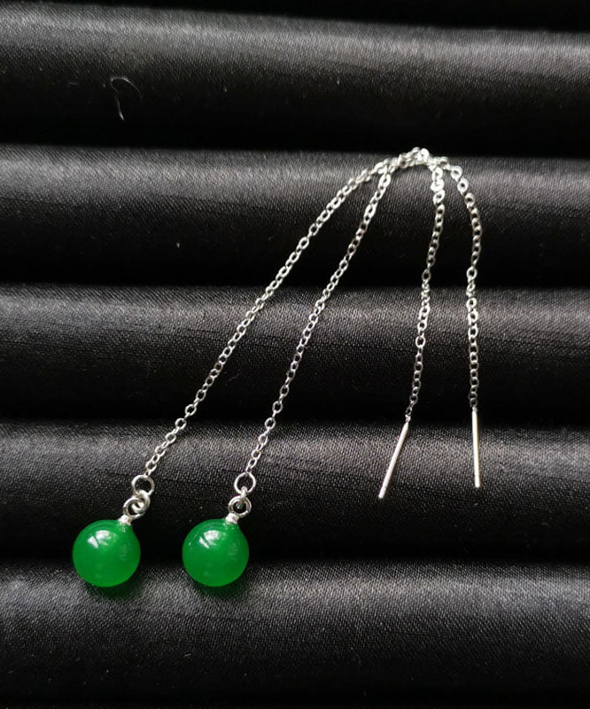 Skinny Green Sterling Silver Dry Green Jade Water Drop Tassel Drop Earrings