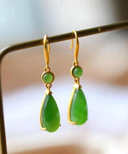 Skinny Green Sterling Silver Inlaid Jade Drop Earrings