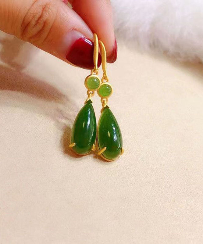 Skinny Green Sterling Silver Inlaid Jade Drop Earrings