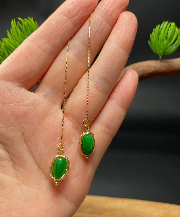 Skinny Green Sterling Silver Overgild Jade Tassel Drop Earrings