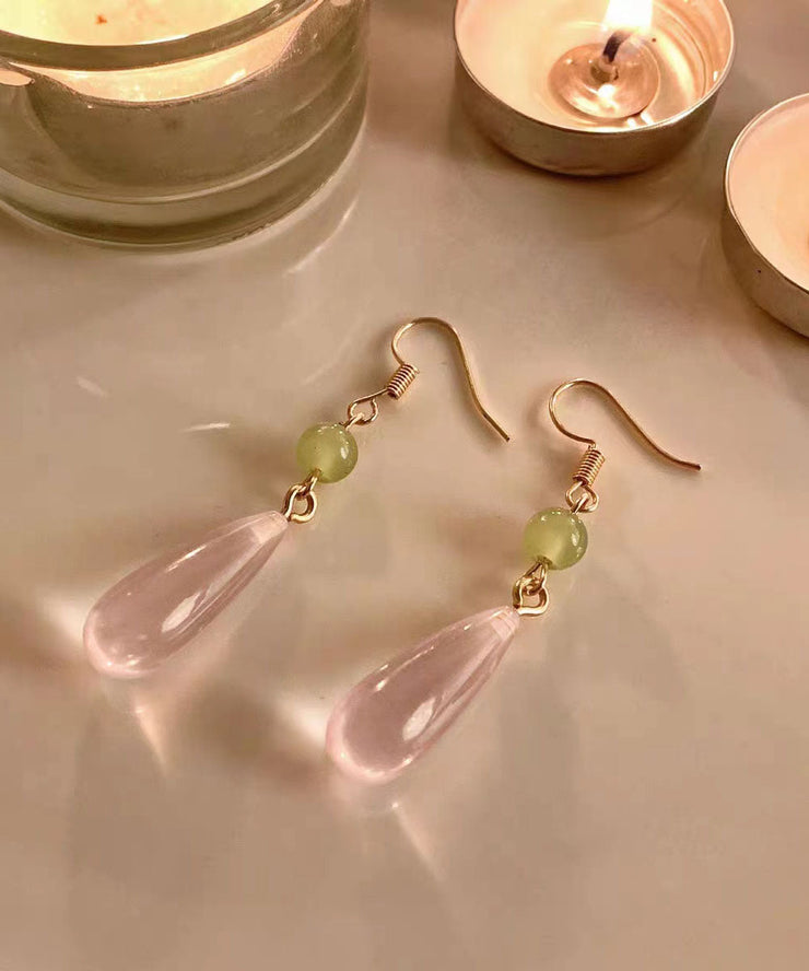 Skinny Pink Sterling Silver Drip Chalcedony Jade Drop Earrings