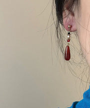 Skinny Red Sterling Silver Alloy Resin Water Drop Drop Earrings