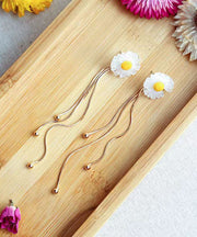 Skinny White Overgild Little Daisy Drop Earrings