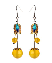 Skinny Yellow Jade Cloisonne Floral Drop Earrings