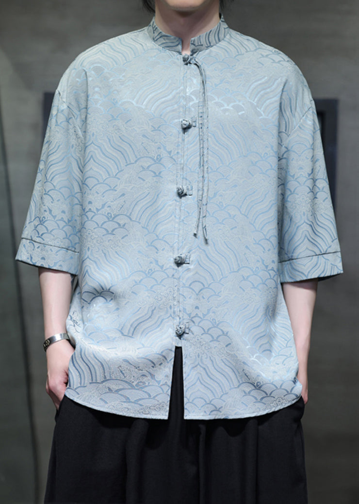 Sky Blue Button Ice Silk Men Shirt Stand Collar Half Sleeve