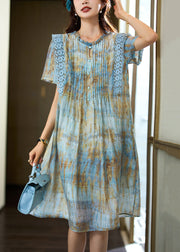 Sky Blue Lace Patchwork Chiffon Dress Wrinkled Summer