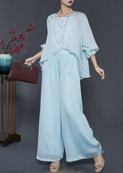 Sky Blue Silk Two Pieces Set Oversized Low High Design Spring